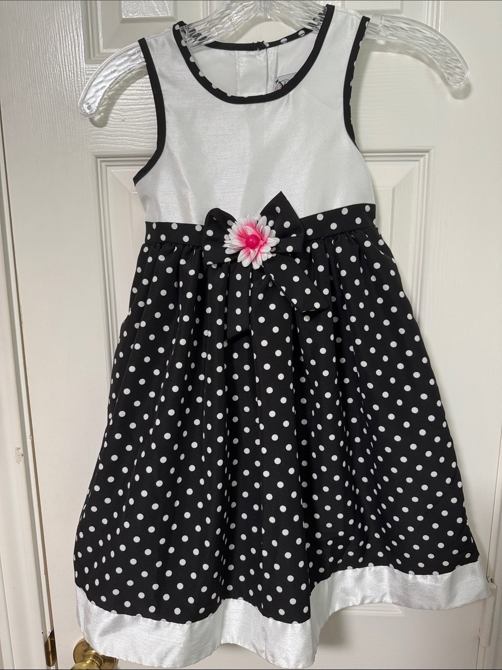 Good Lad Black & White Polka Dot Dress with Pink Flower Accent